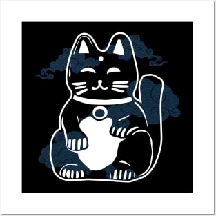 Japanese Good Luck Cat with clouds Posters and Art